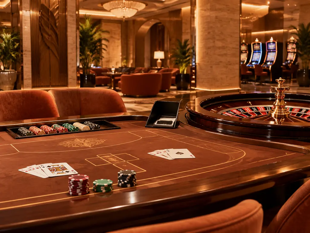 Ruang kasino bernuansa pasir dengan meja kartu dan roda roulette