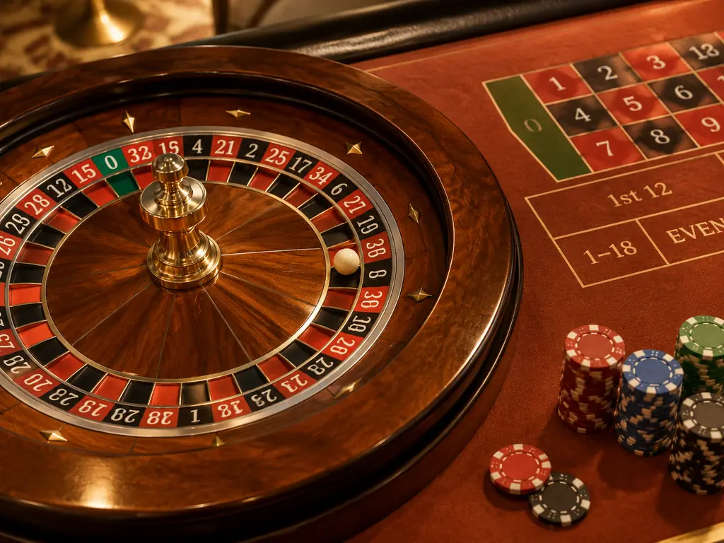 Roda roulette dan bola di atas meja kasino