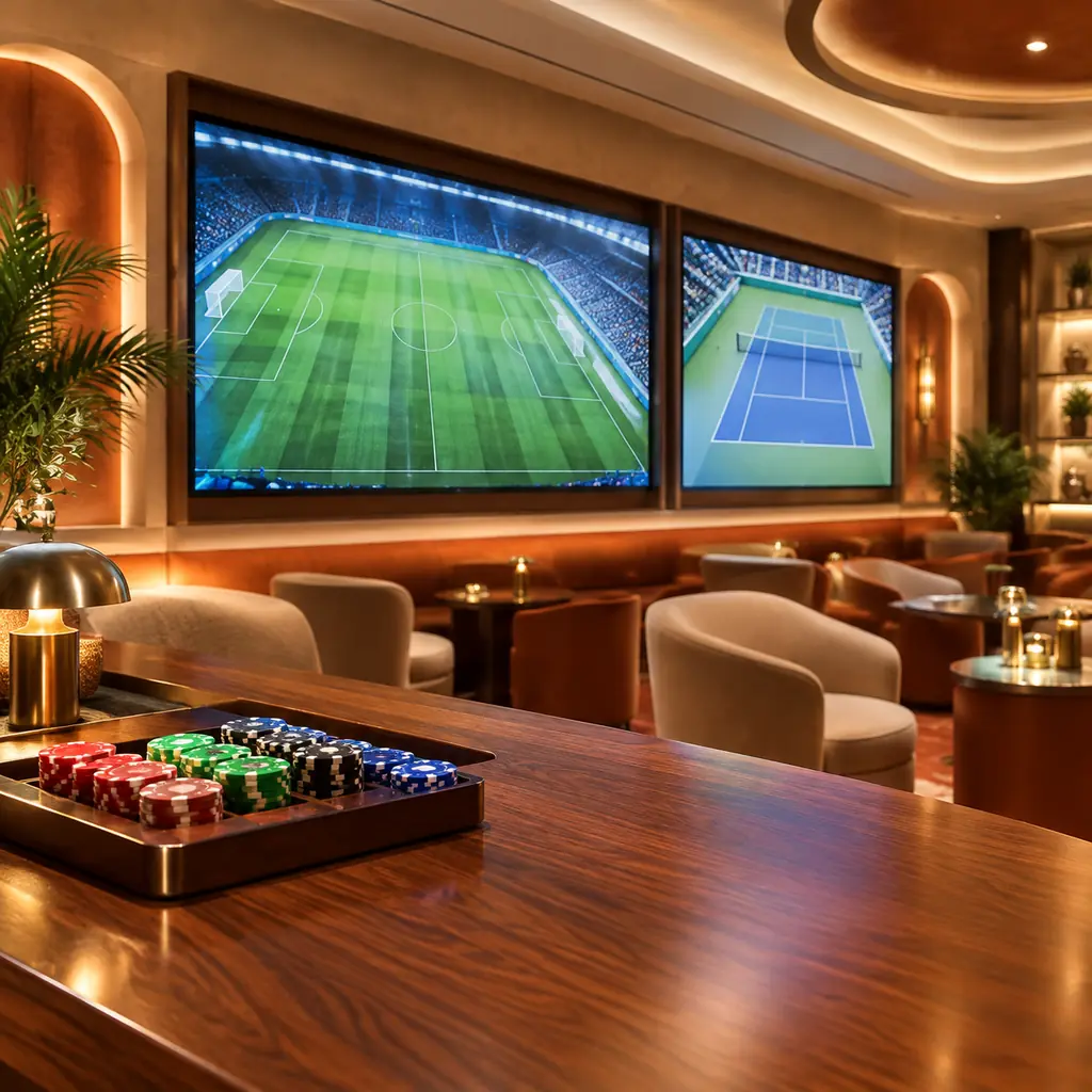 Layar pertandingan dan perlengkapan meja di lounge kasino